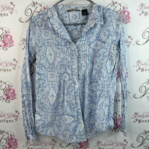Eddie Bauer long sleeve pleated white Light Blue Paisley Shirt floral button up